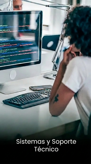 Persona trabajando frente a una computadora con código en pantalla, representando el área de Sistemas y Soporte Técnico de 123GO