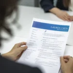 Vista cercana de un currículum y solicitud de empleo durante un proceso de entrevista